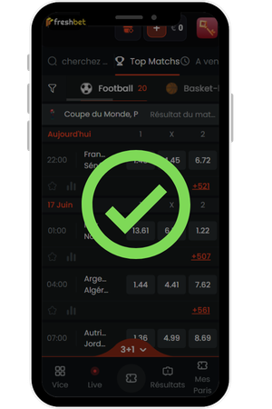 Fresh Bet football paris — sélection d'un match et placement du pari