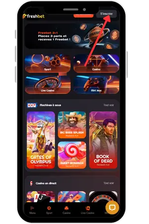 Fresh Bet App — bouton d'inscription sur la page d'accueil